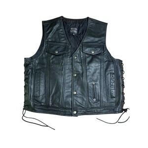 Highway One Black Leather Motorcycle Vest Side Lace Snap Up Biker Men's Size L